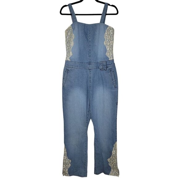 FUBU Pants - VTG 90s Y2K Fubu Jumpsuit Womens M Chambray Denim Wide Leg Lace Baggy Stretch